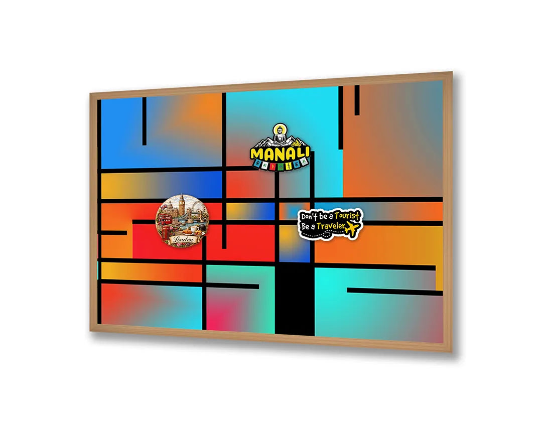 Metalen Magneetbord met afbeelding van abstracte Mondriaan stijl vlakken in rood, geel, blauw, zwart kleuren