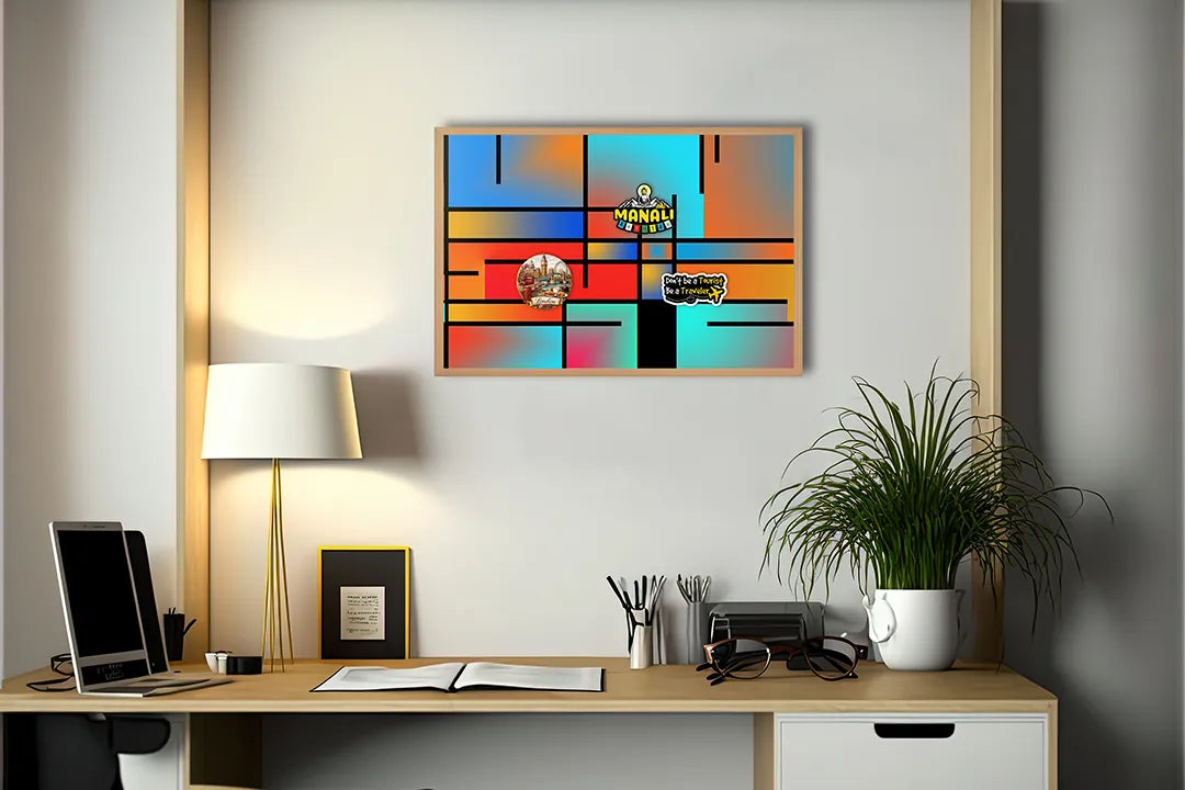 Metalen Magneetbord met afbeelding van abstracte Mondriaan stijl vlakken in rood, geel, blauw, zwart kleuren