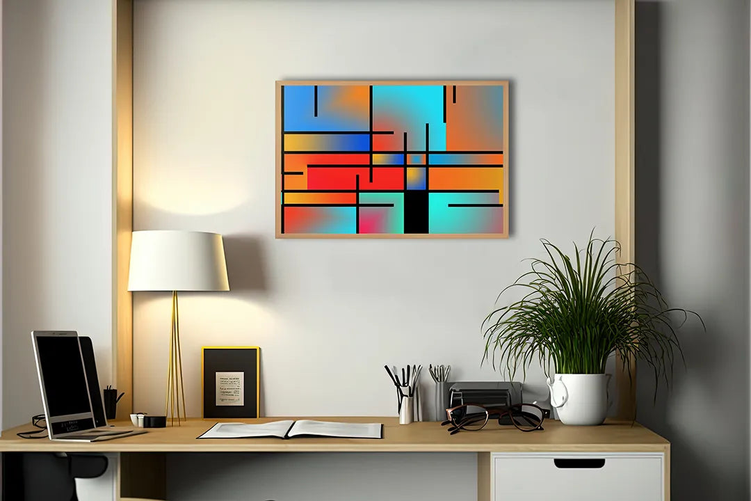 Metalen Magneetbord met afbeelding van abstracte Mondriaan stijl vlakken in rood, geel, blauw, zwart kleuren