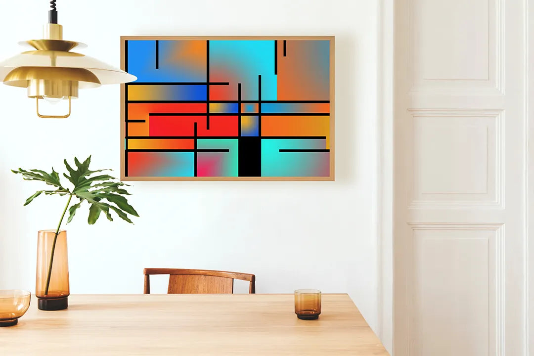Metalen Magneetbord met afbeelding van abstracte Mondriaan stijl vlakken in rood, geel, blauw, zwart kleuren