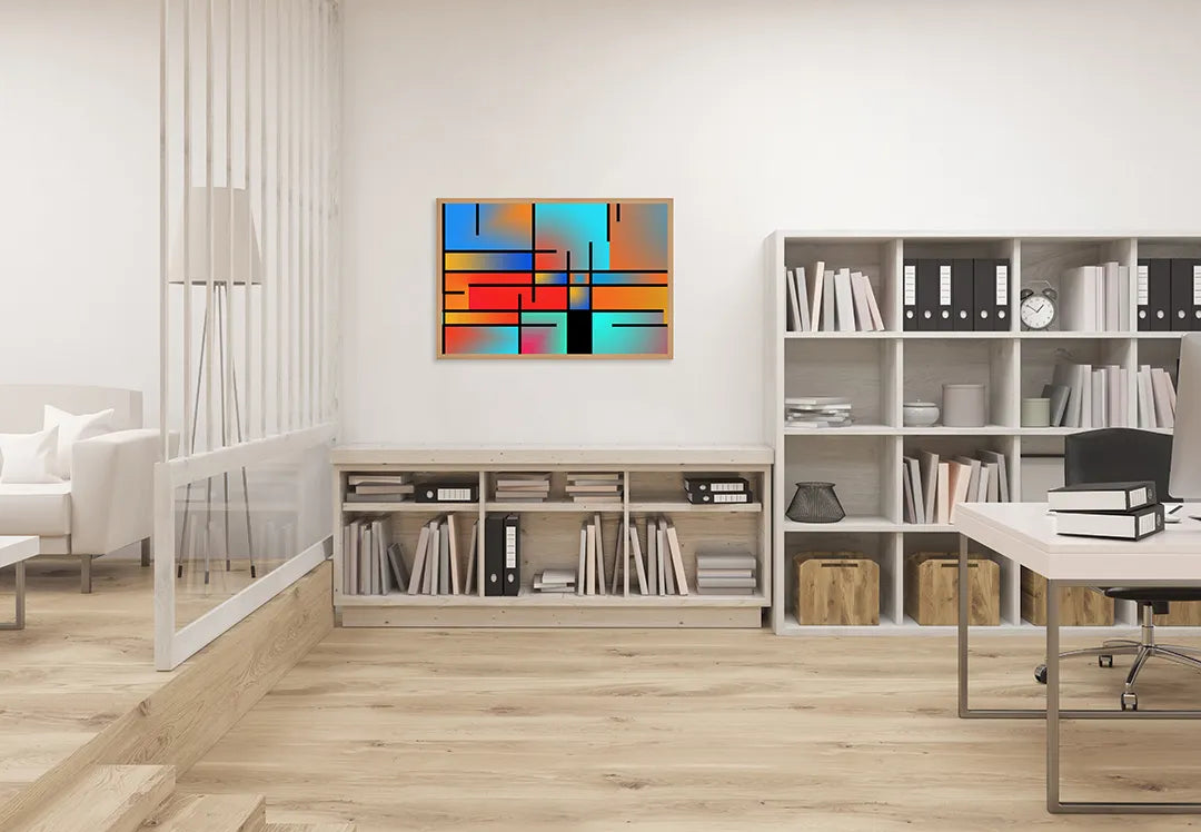 Metalen Magneetbord met afbeelding van abstracte Mondriaan stijl vlakken in rood, geel, blauw, zwart kleuren
