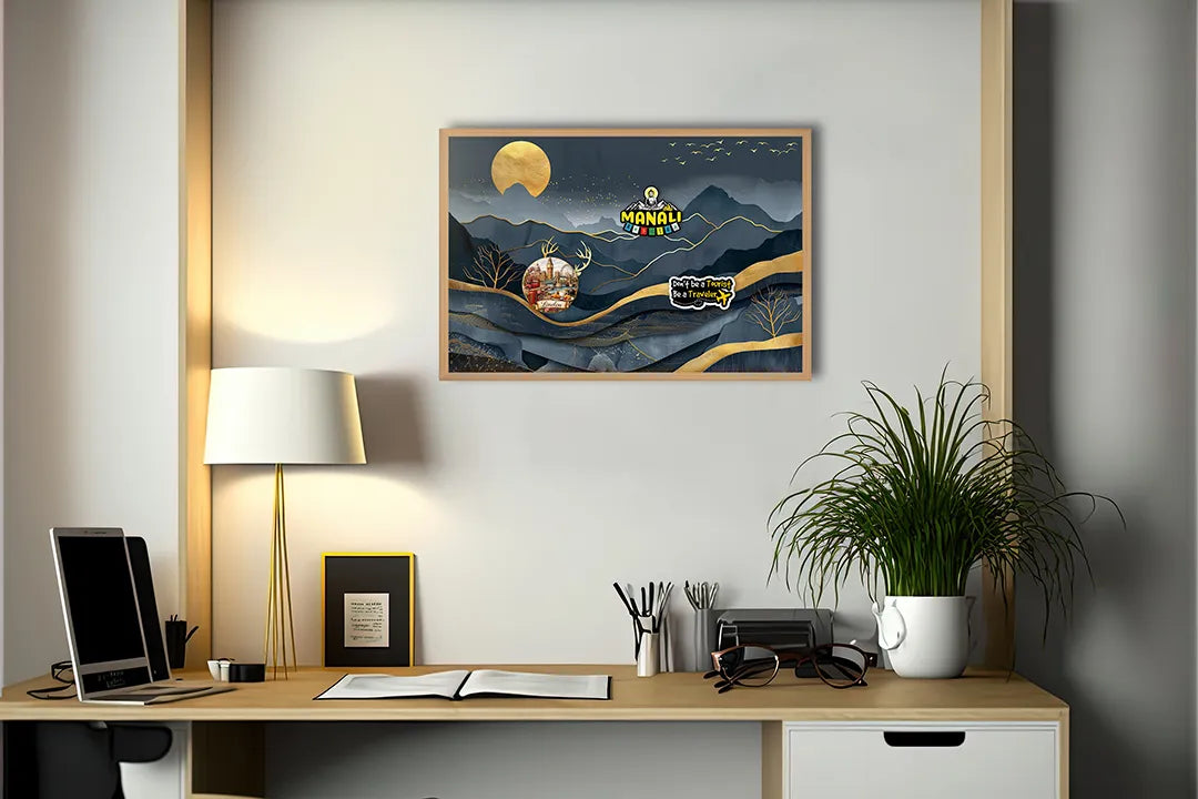 Metalen Magneetbord met hoogwaardige afbeelding van Gouden hert in bergen donkerblauw voor aan de muur