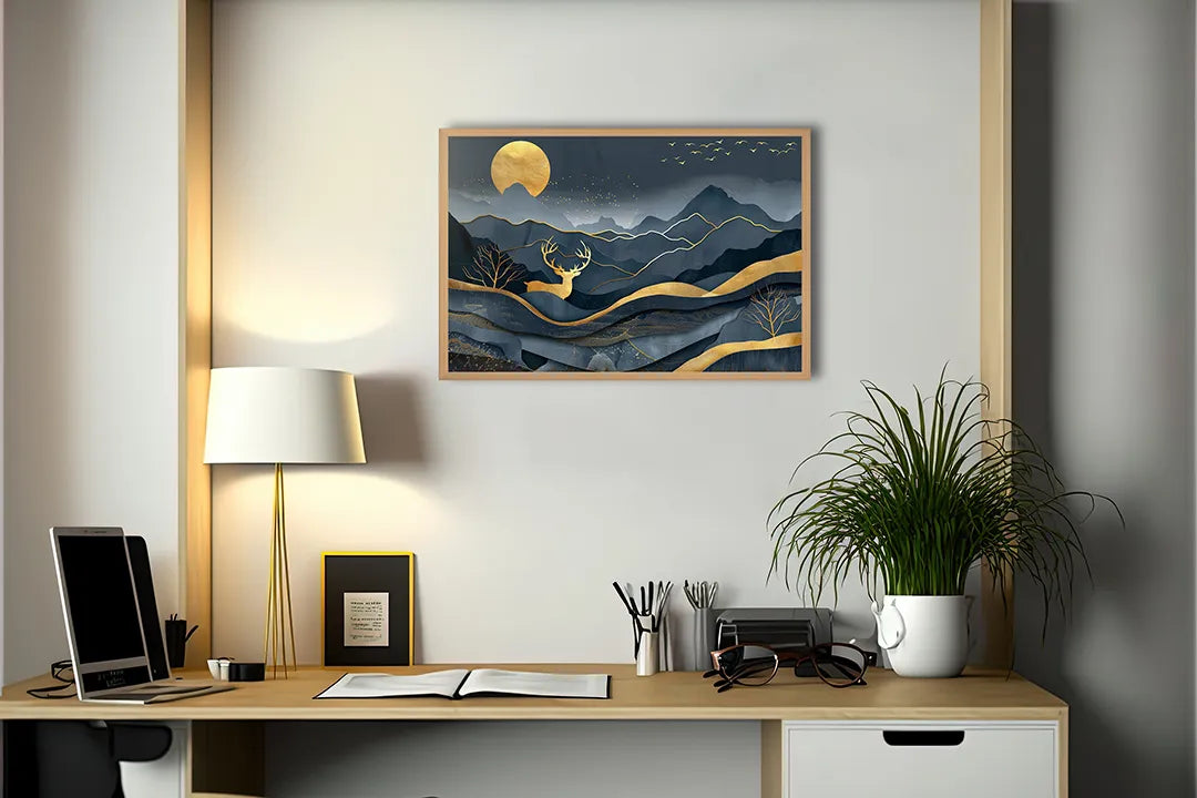 Metalen Magneetbord met hoogwaardige afbeelding van Gouden hert in bergen donkerblauw voor aan de muur