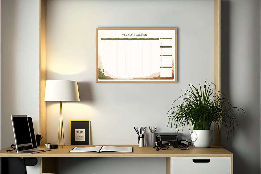 Metalen Magneetbord met maandplanner in rustige beige en natuurlijke bruine aardetinten