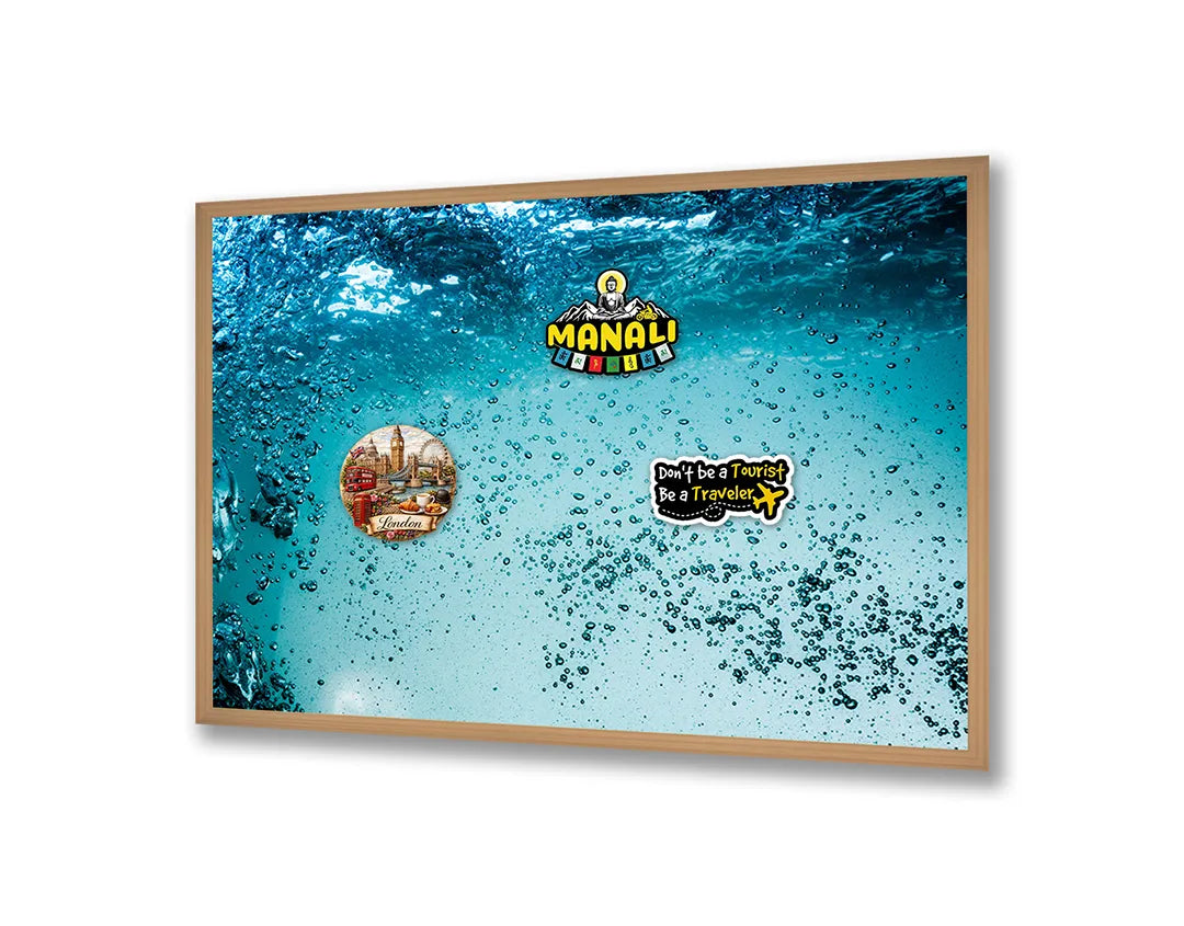 Metalen Magneetbord met afbeelding van onderwater bubbels in turquoise blauw kleuren