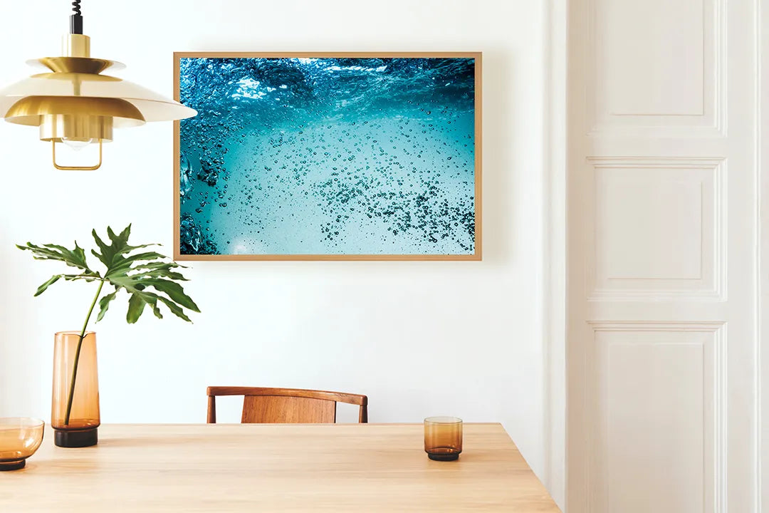 Metalen Magneetbord met afbeelding van onderwater bubbels in turquoise blauw kleuren