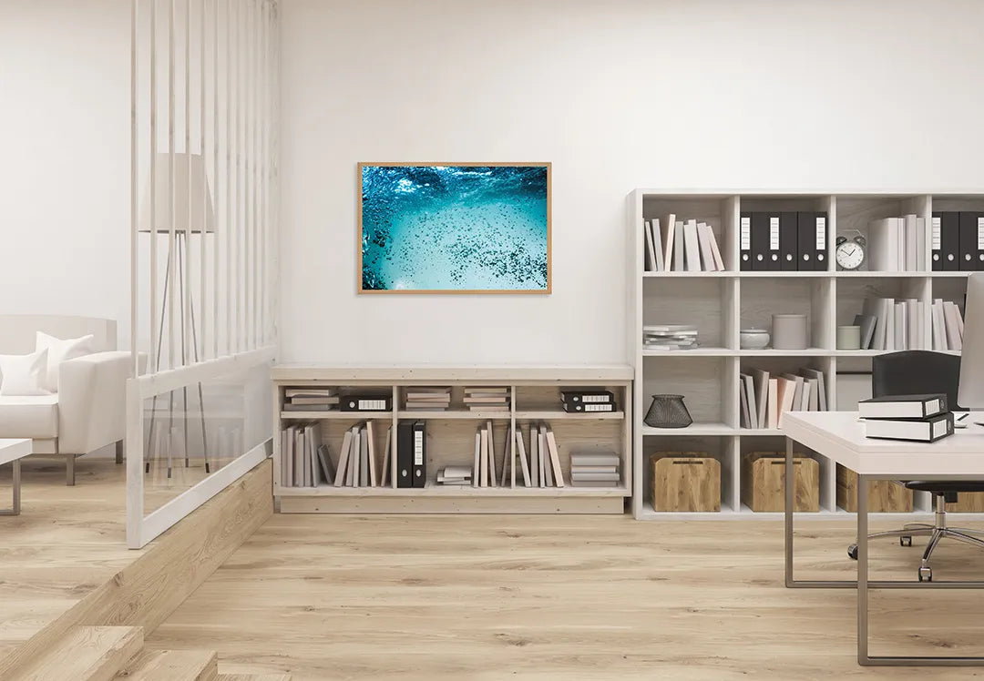 Metalen Magneetbord met afbeelding van onderwater bubbels in turquoise blauw kleuren