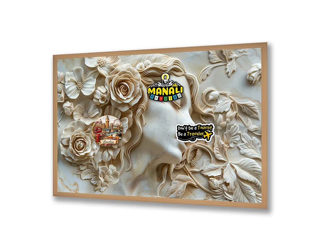 Metalen Magneetbord met hoogwaardige afbeelding van Vrouwengezicht bloemen relief wit voor aan de muur