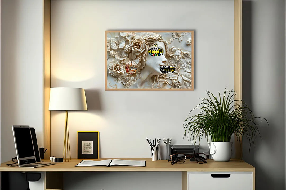 Metalen Magneetbord met hoogwaardige afbeelding van Vrouwengezicht bloemen relief wit voor aan de muur