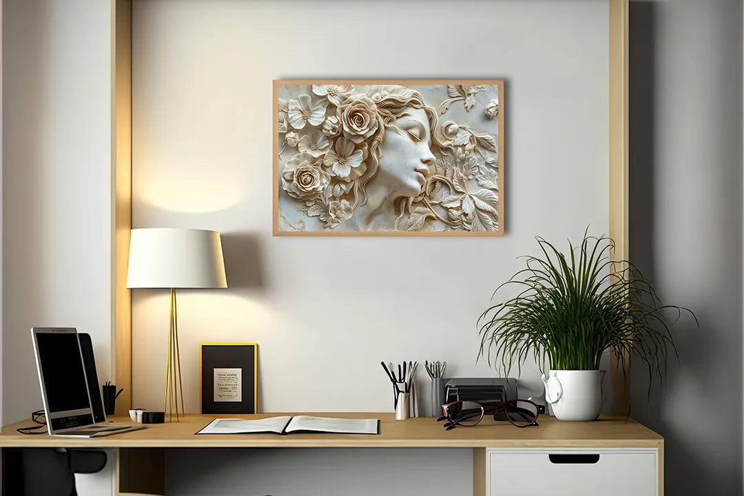 Metalen Magneetbord met hoogwaardige afbeelding van Vrouwengezicht bloemen relief wit voor aan de muur
