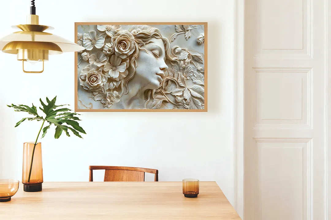 Metalen Magneetbord met hoogwaardige afbeelding van Vrouwengezicht bloemen relief wit voor aan de muur