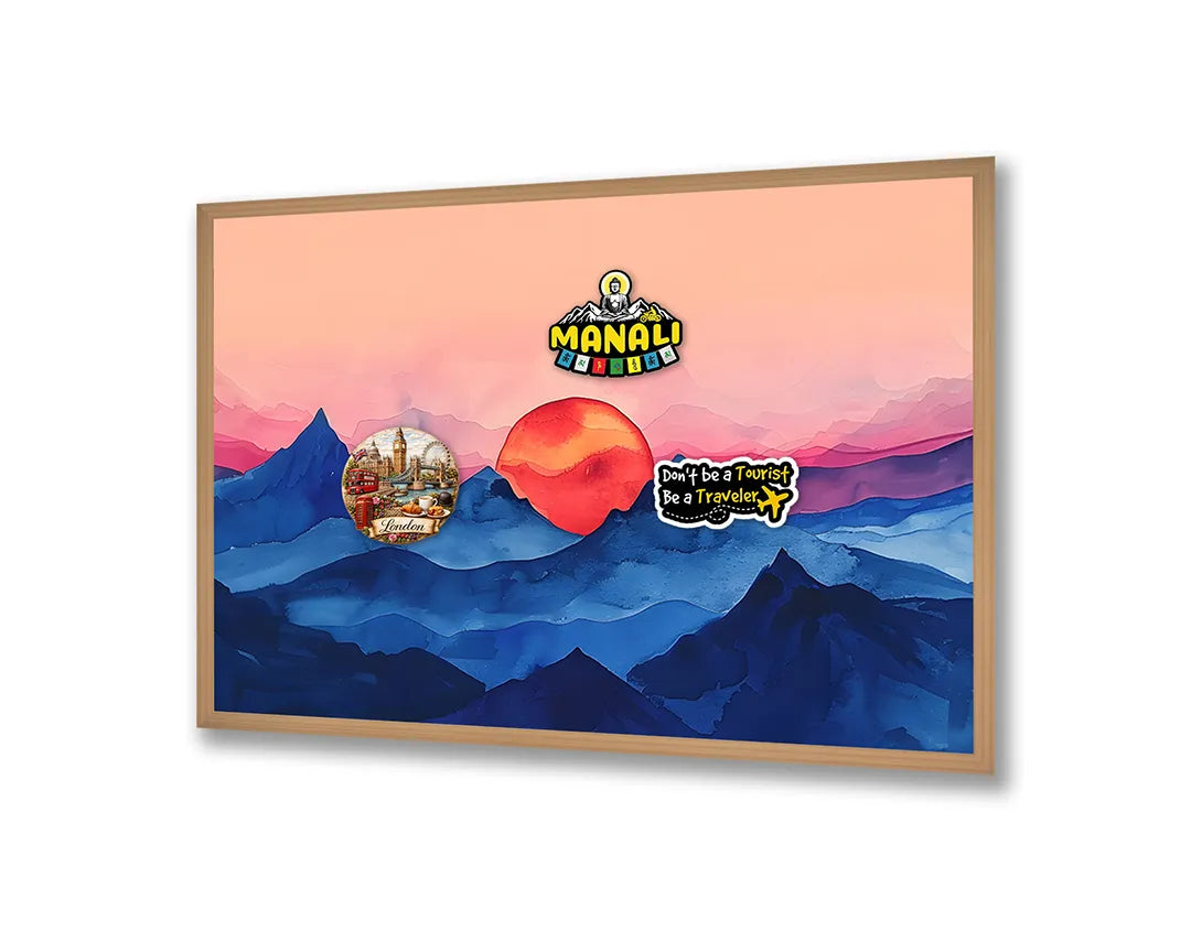 Metalen Magneetbord met hoogwaardige afbeelding van Rode zon over blauwe bergen voor aan de muur