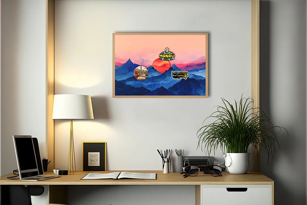 Metalen Magneetbord met hoogwaardige afbeelding van Rode zon over blauwe bergen voor aan de muur