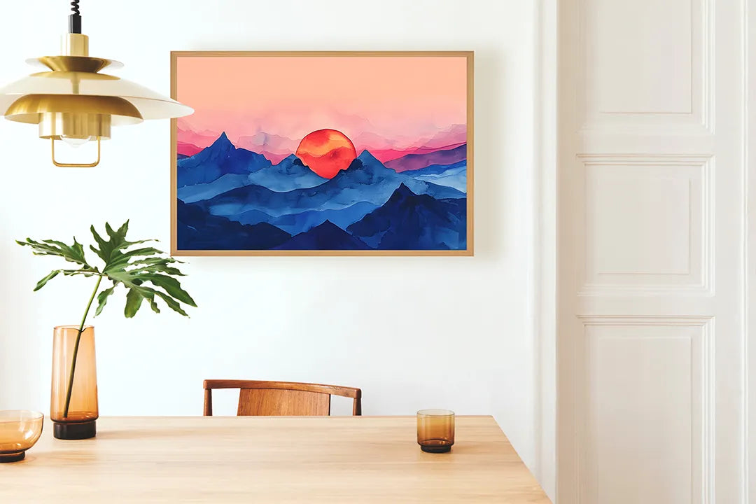 Metalen Magneetbord met hoogwaardige afbeelding van Rode zon over blauwe bergen voor aan de muur
