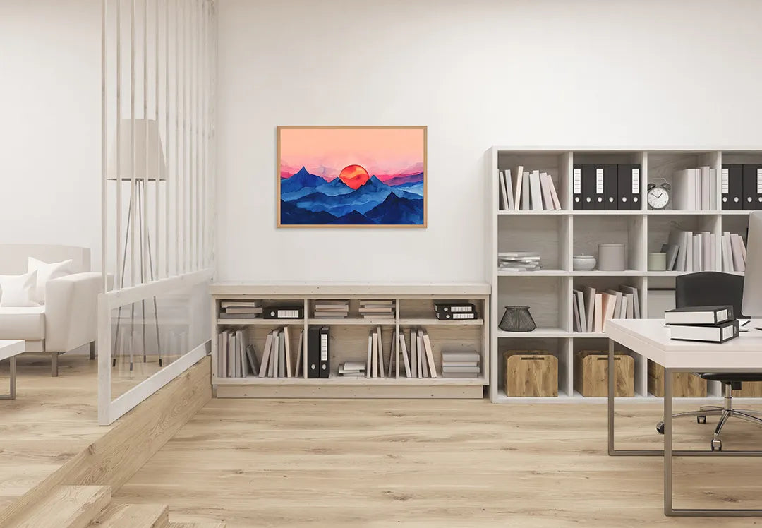Metalen Magneetbord met hoogwaardige afbeelding van Rode zon over blauwe bergen voor aan de muur