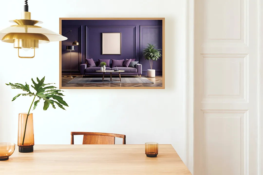 Metalen Magneetbord met hoogwaardige afbeelding van Modern paars interieur voor aan de muur