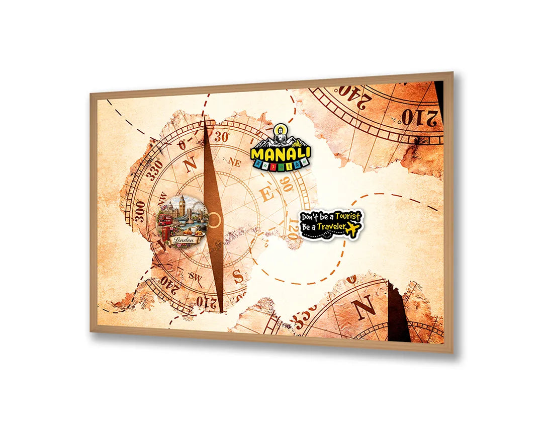 Metalen Magneetbord met afbeelding van antiek kompas met landkaart in warm sepia kleuren