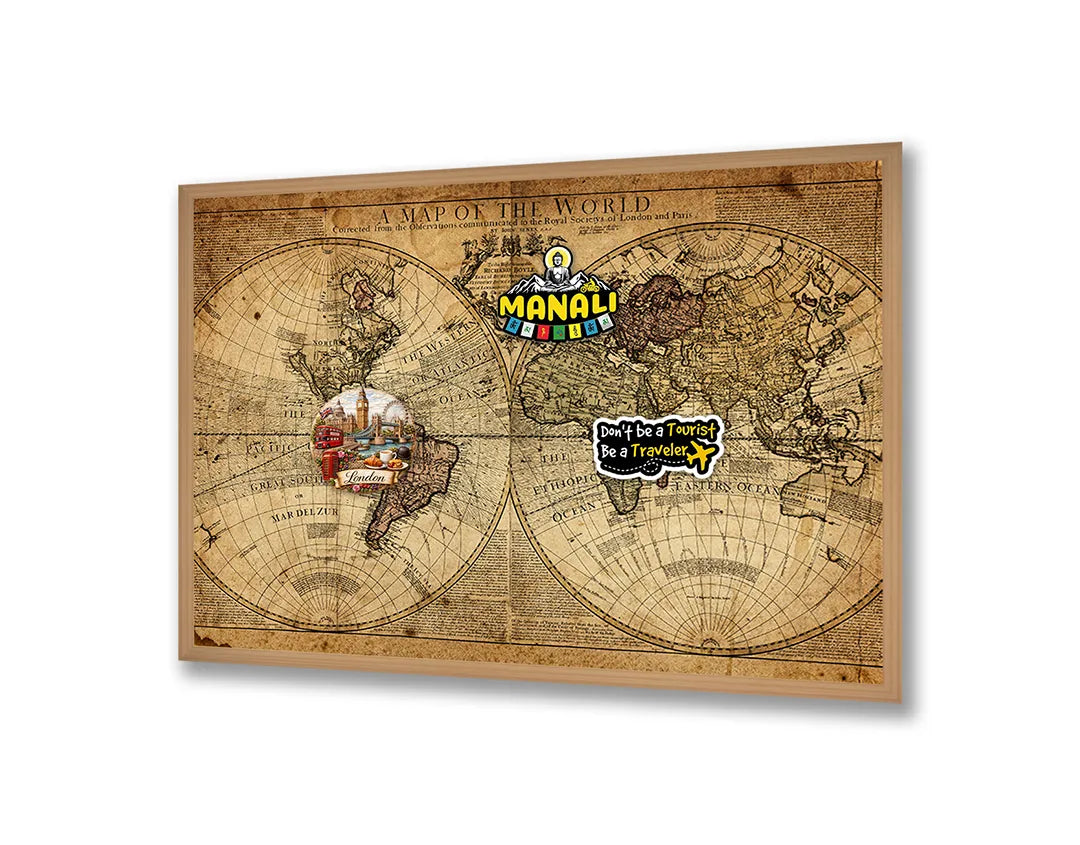 Metalen Magneetbord met afbeelding van donkere vintage wereldkaart in diep bruin kleuren