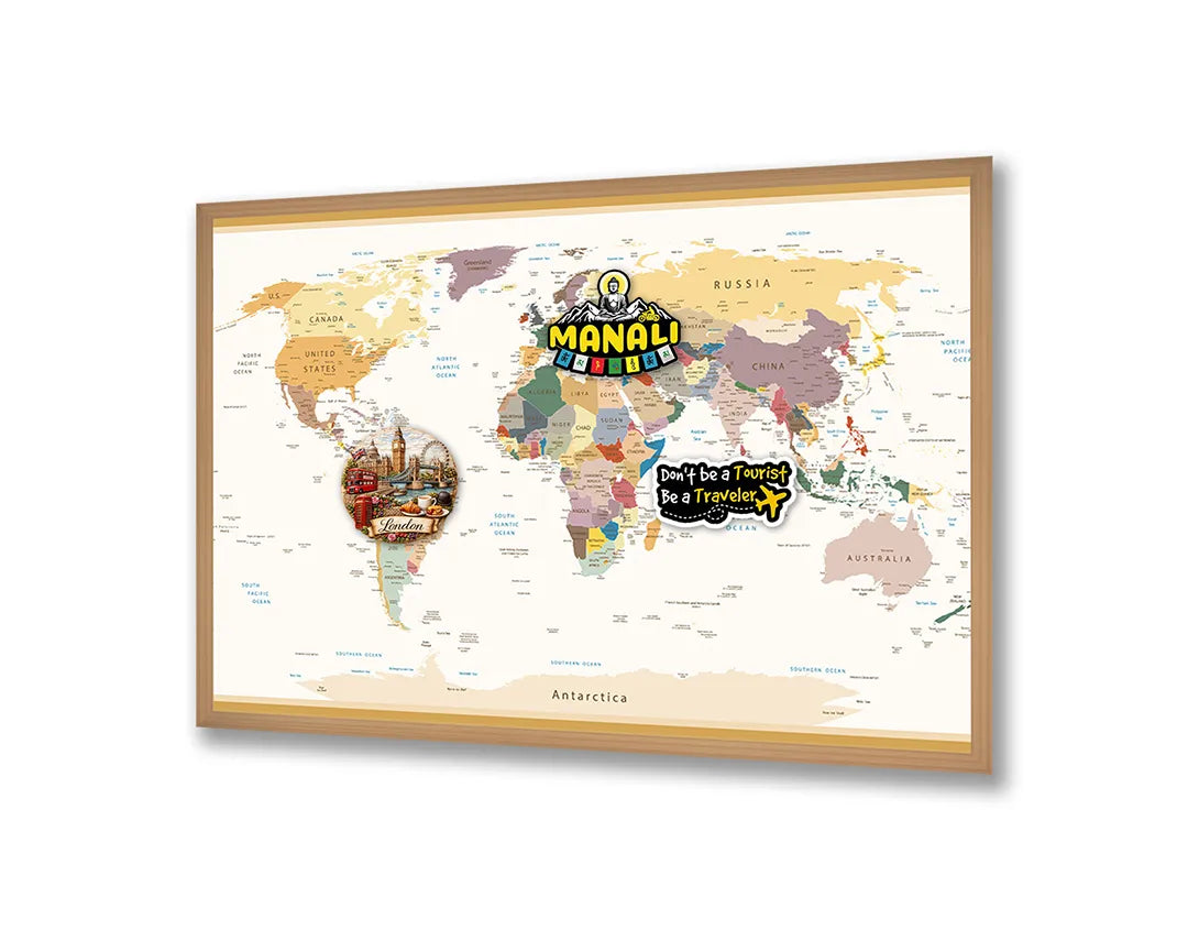 Metalen Magneetbord met afbeelding van wereldkaart met pastel landen in zachte pastelkleuren kleuren