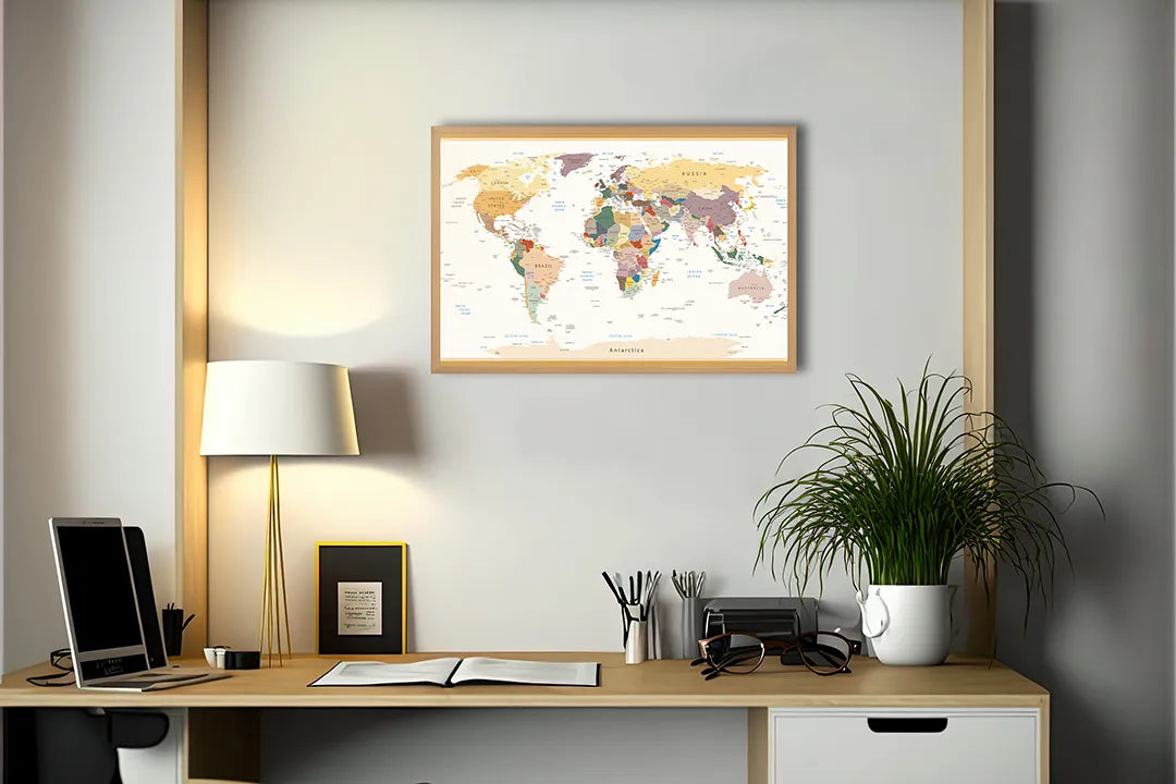 Metalen Magneetbord met afbeelding van wereldkaart met pastel landen in zachte pastelkleuren kleuren