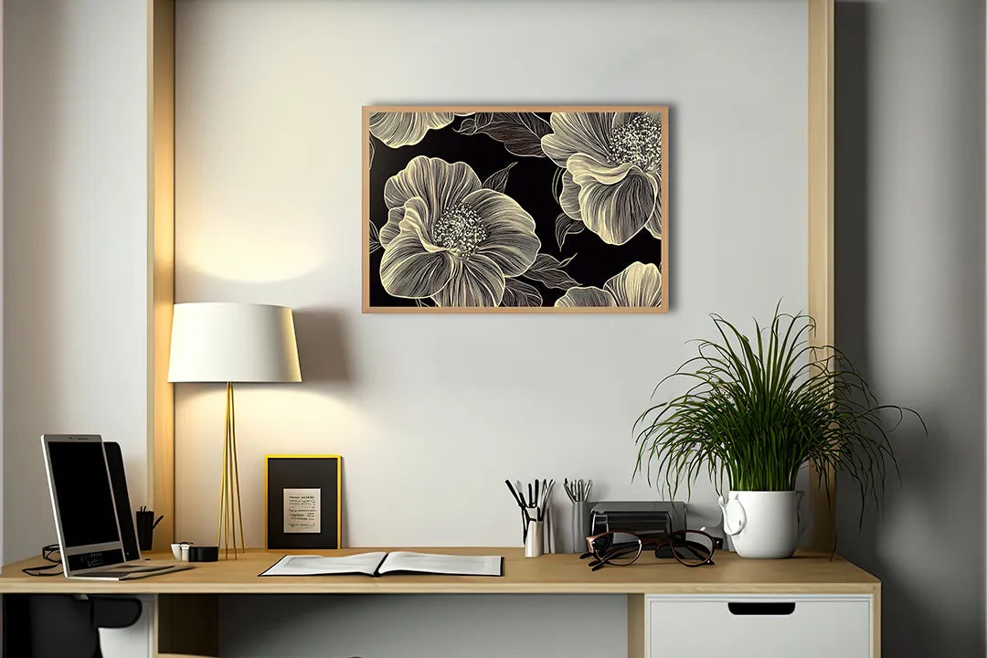 Metalen Magneetbord met hoogwaardige afbeelding van Gouden bloemen donkere achtergrond voor aan de muur
