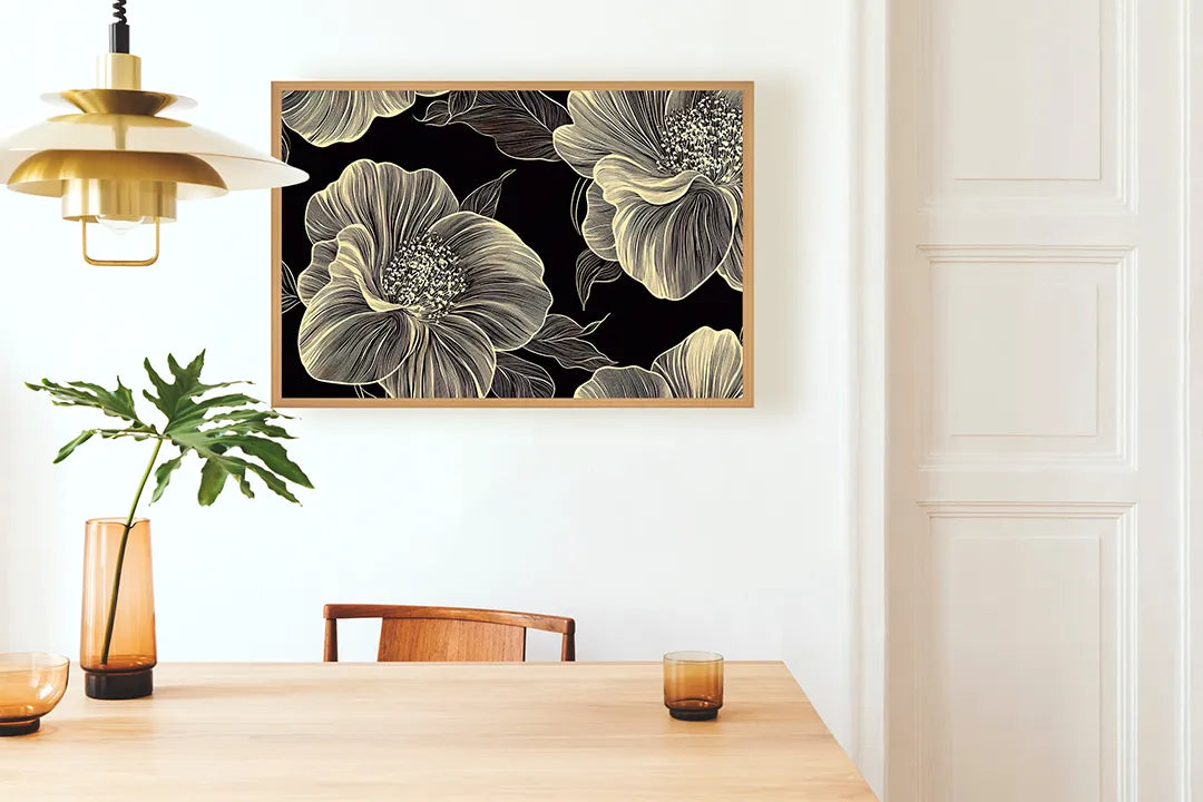 Metalen Magneetbord met hoogwaardige afbeelding van Gouden bloemen donkere achtergrond voor aan de muur