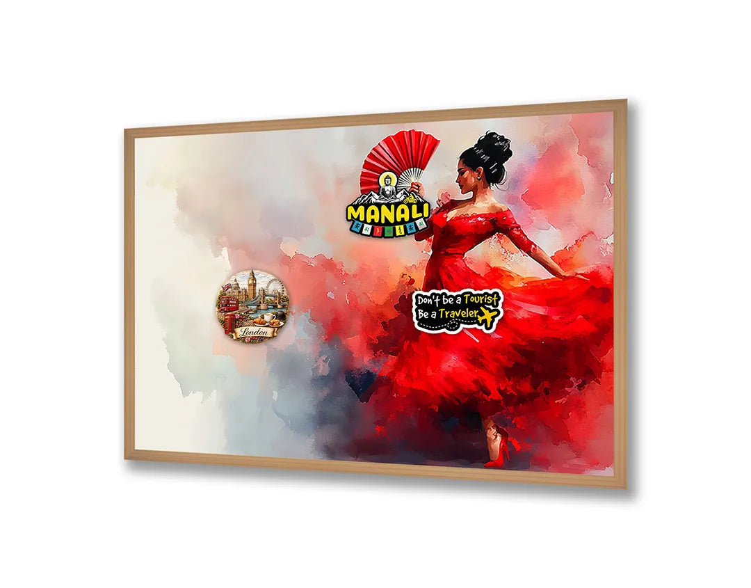 Metalen Magneetbord met hoogwaardige afbeelding van Vrouw in rode jurk dansend voor aan de muur