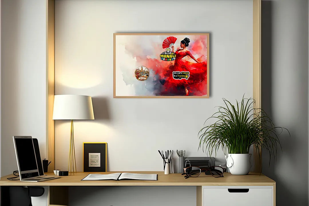 Metalen Magneetbord met hoogwaardige afbeelding van Vrouw in rode jurk dansend voor aan de muur