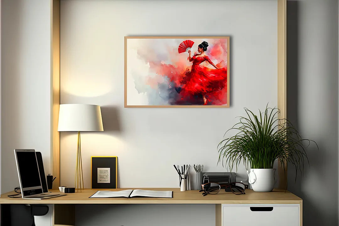 Metalen Magneetbord met hoogwaardige afbeelding van Vrouw in rode jurk dansend voor aan de muur