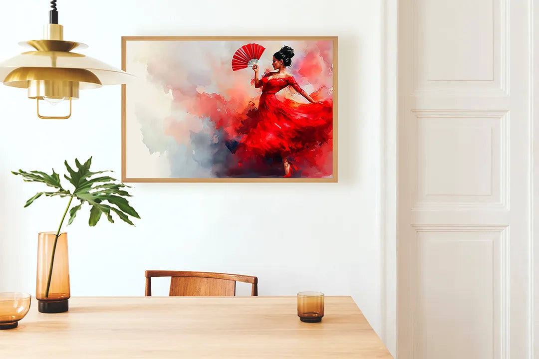 Metalen Magneetbord met hoogwaardige afbeelding van Vrouw in rode jurk dansend voor aan de muur