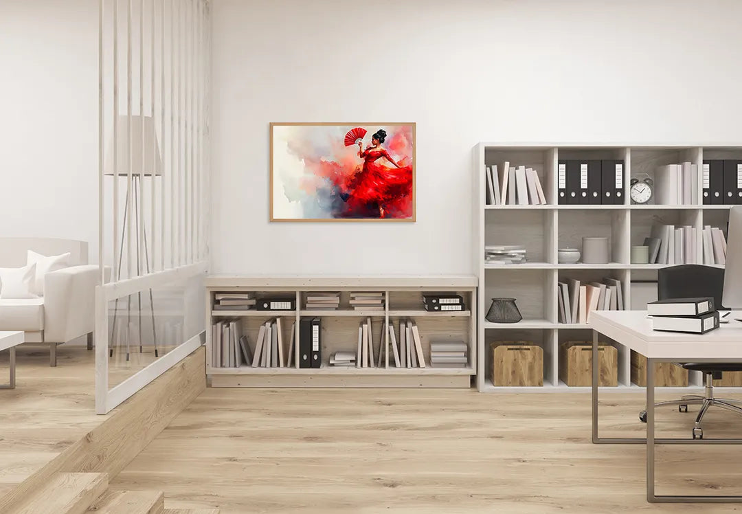 Metalen Magneetbord met hoogwaardige afbeelding van Vrouw in rode jurk dansend voor aan de muur