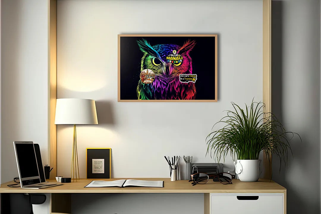 Metalen Magneetbord met hoogwaardige afbeelding van Neon uil zwart voor aan de muur