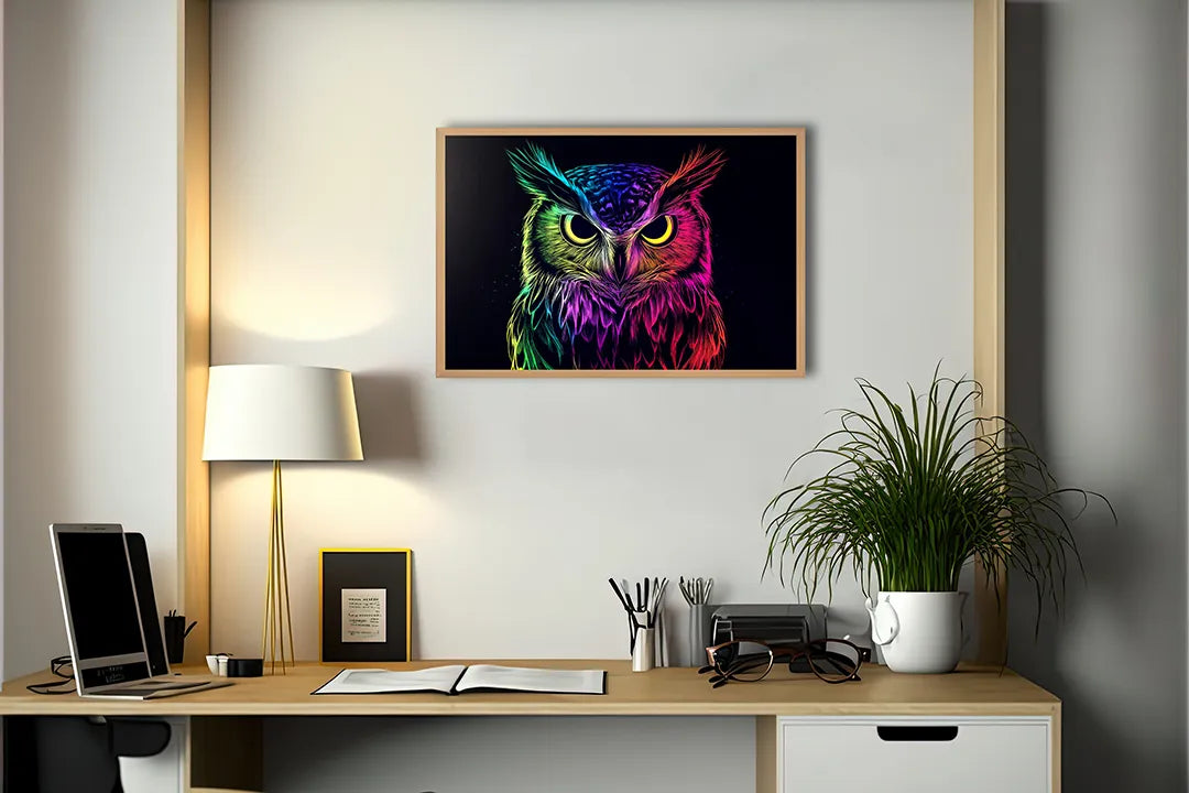 Metalen Magneetbord met hoogwaardige afbeelding van Neon uil zwart voor aan de muur