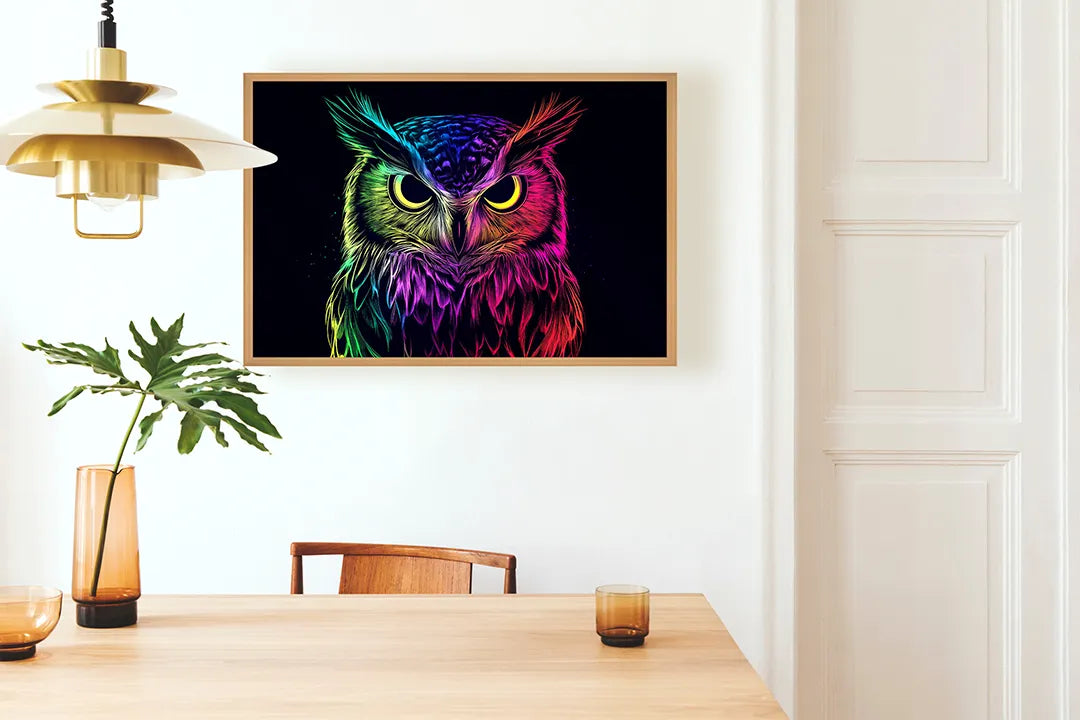 Metalen Magneetbord met hoogwaardige afbeelding van Neon uil zwart voor aan de muur