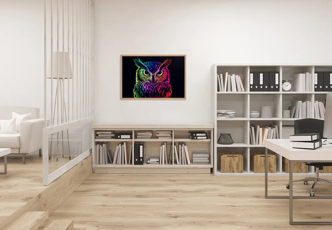 Metalen Magneetbord met hoogwaardige afbeelding van Neon uil zwart voor aan de muur