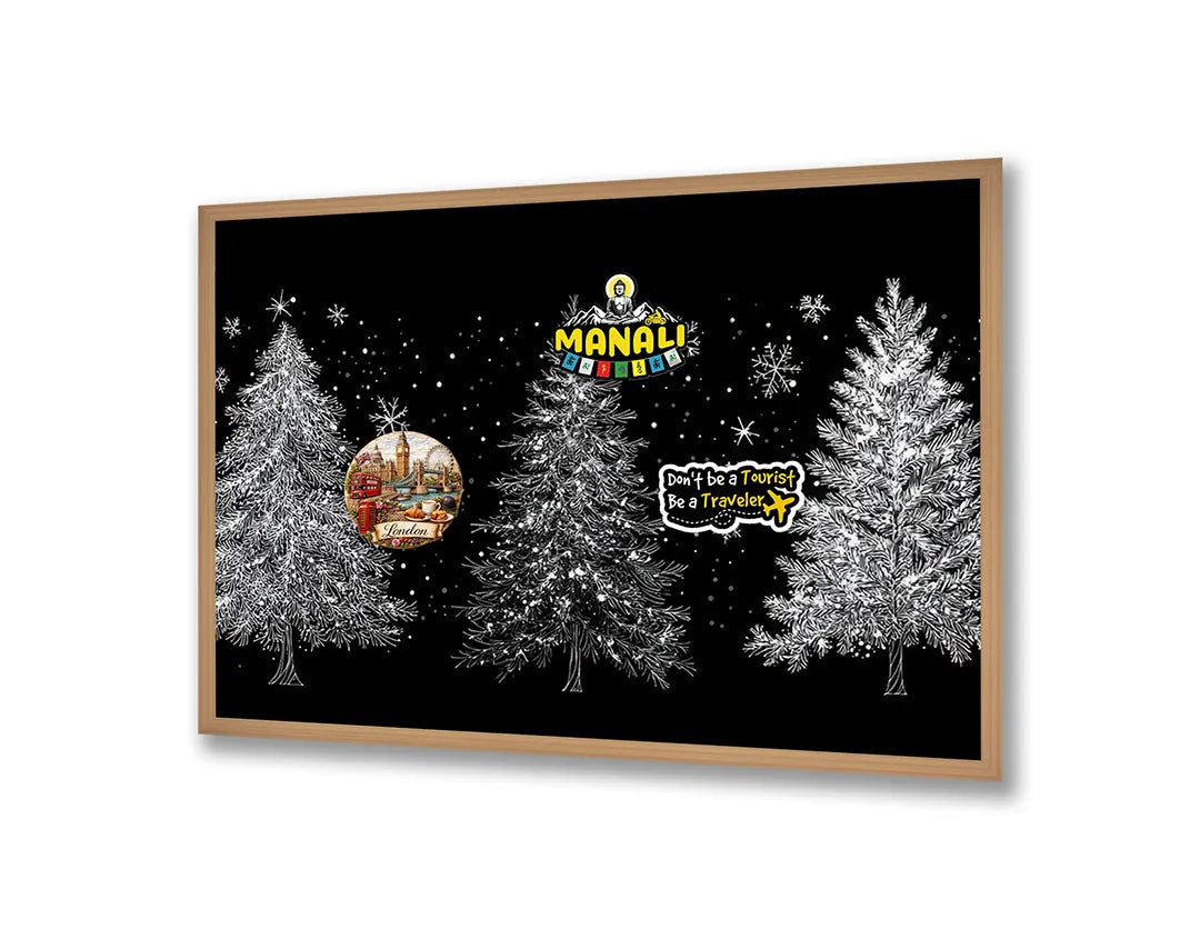 Metalen Magneetbord met hoogwaardige afbeelding van Drie witte kerstbomen zwart voor aan de muur