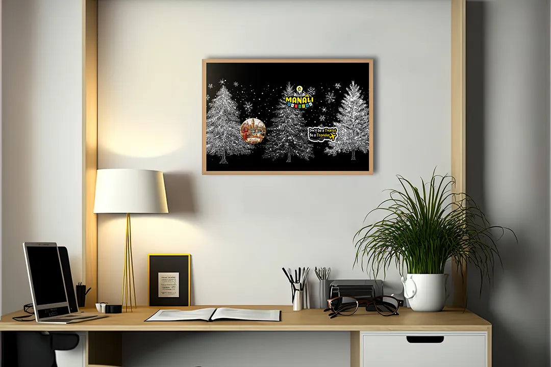 Metalen Magneetbord met hoogwaardige afbeelding van Drie witte kerstbomen zwart voor aan de muur