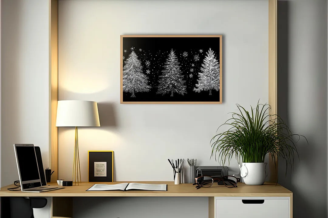 Metalen Magneetbord met hoogwaardige afbeelding van Drie witte kerstbomen zwart voor aan de muur