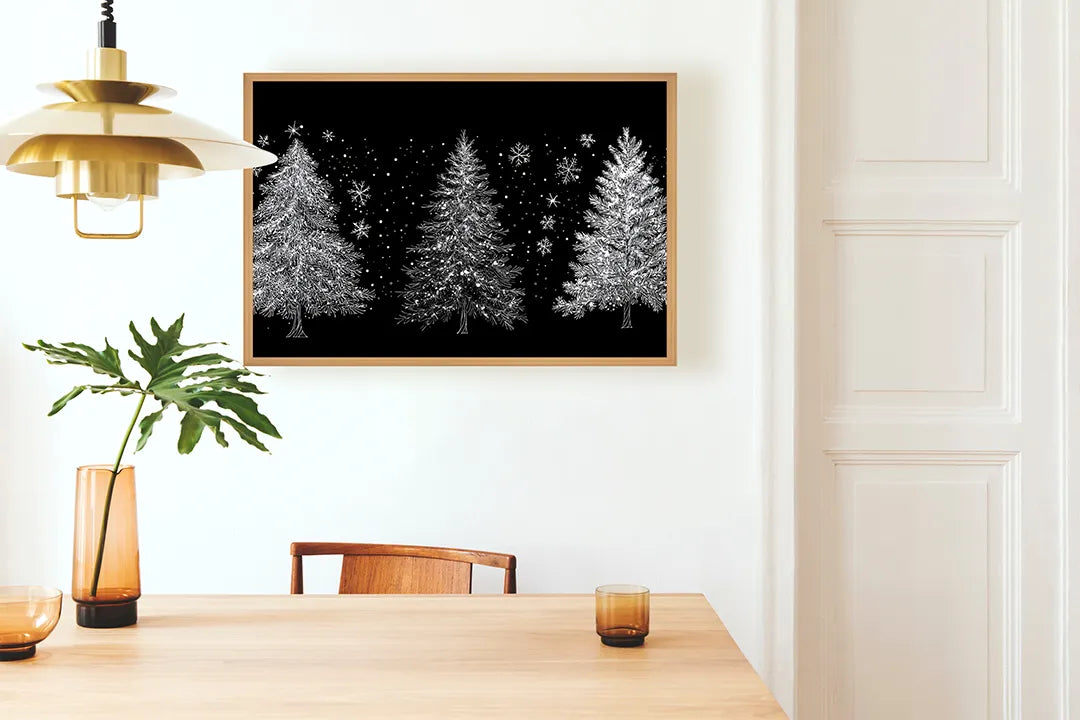 Metalen Magneetbord met hoogwaardige afbeelding van Drie witte kerstbomen zwart voor aan de muur