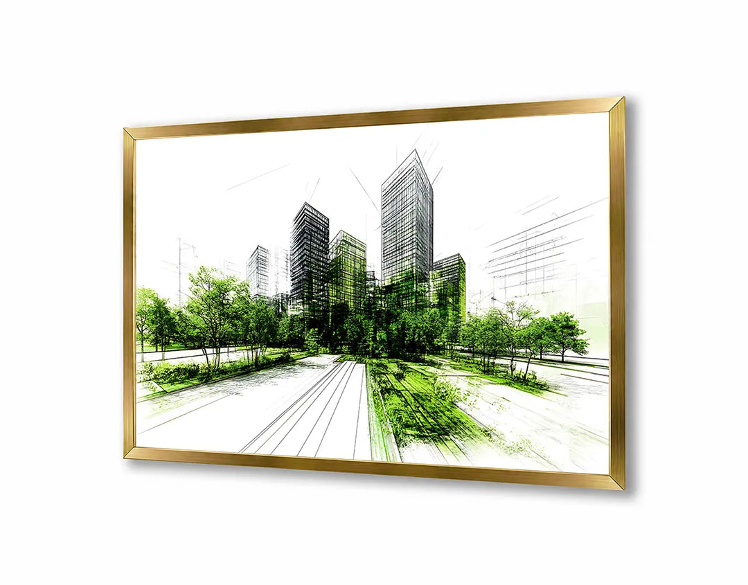 Metalen Magneetbord met hoogwaardige afbeelding van Schets stad groen accent voor aan de muur