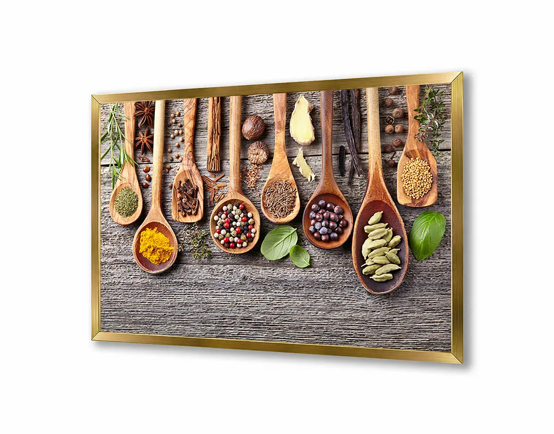 Metalen Magneetbord met afbeelding van rustieke lepels met specerijen in natuurlijk hout kleuren
