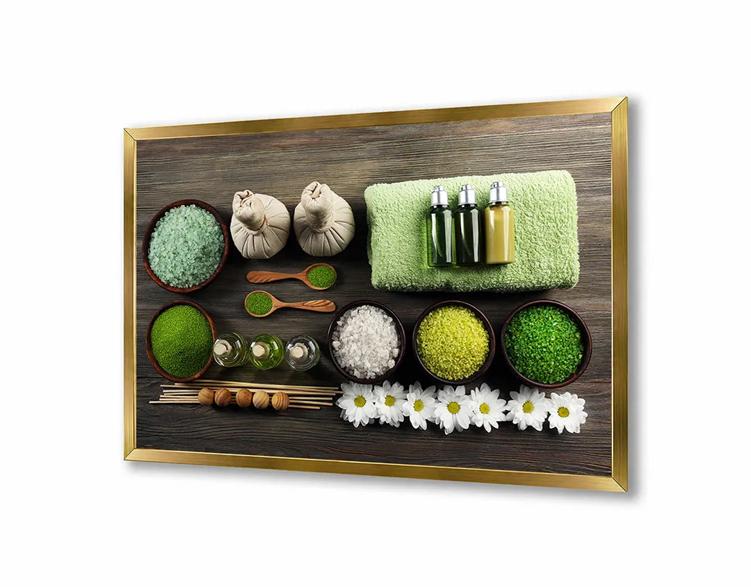 Metalen Magneetbord met afbeelding van spa setting met groene handdoeken en zout in fris groen kleuren
