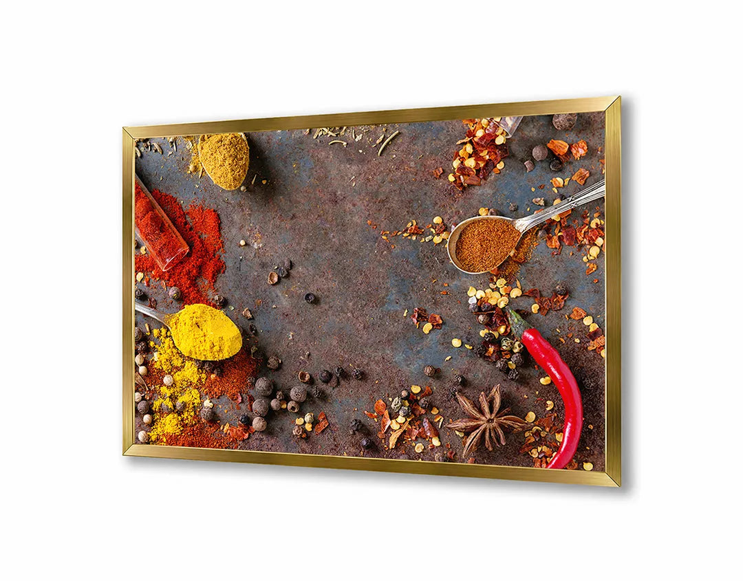 Metalen Magneetbord met afbeelding van losse specerijen en pepers in warm rood en bruin kleuren