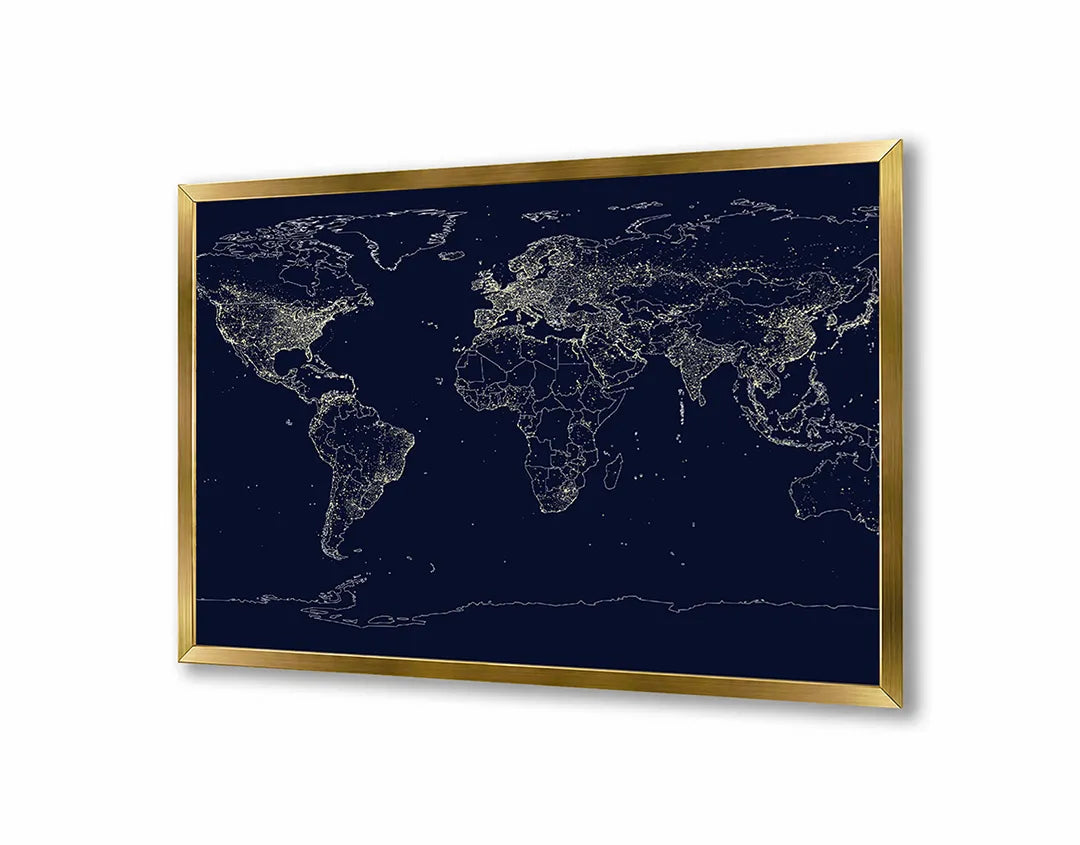 Metalen Magneetbord met afbeelding van lichtgevende wereldkaart netwerk in neon blauw op zwart kleuren