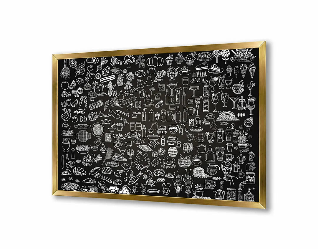 Metalen Magneetbord met afbeelding van krijtbord doodles van eten en drinken in zwart en wit kleuren