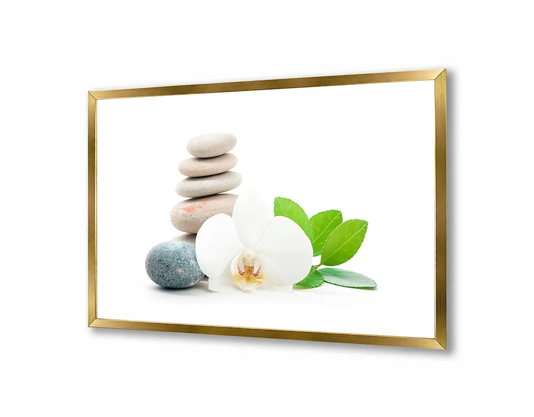 Metalen Magneetbord met afbeelding van zen stenen met orchidee en blad in wit en fris groen kleuren
