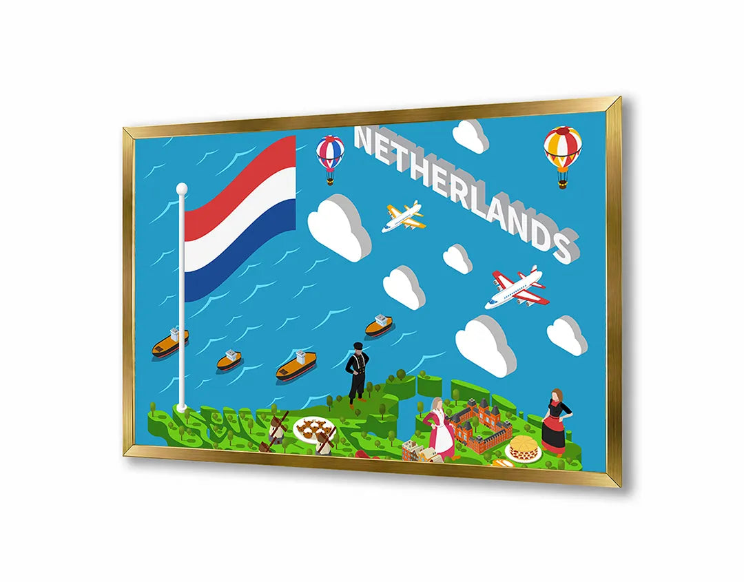 Metalen Magneetbord met afbeelding van Nederlandse iconen illustratie in vrolijke primaire kleuren kleuren