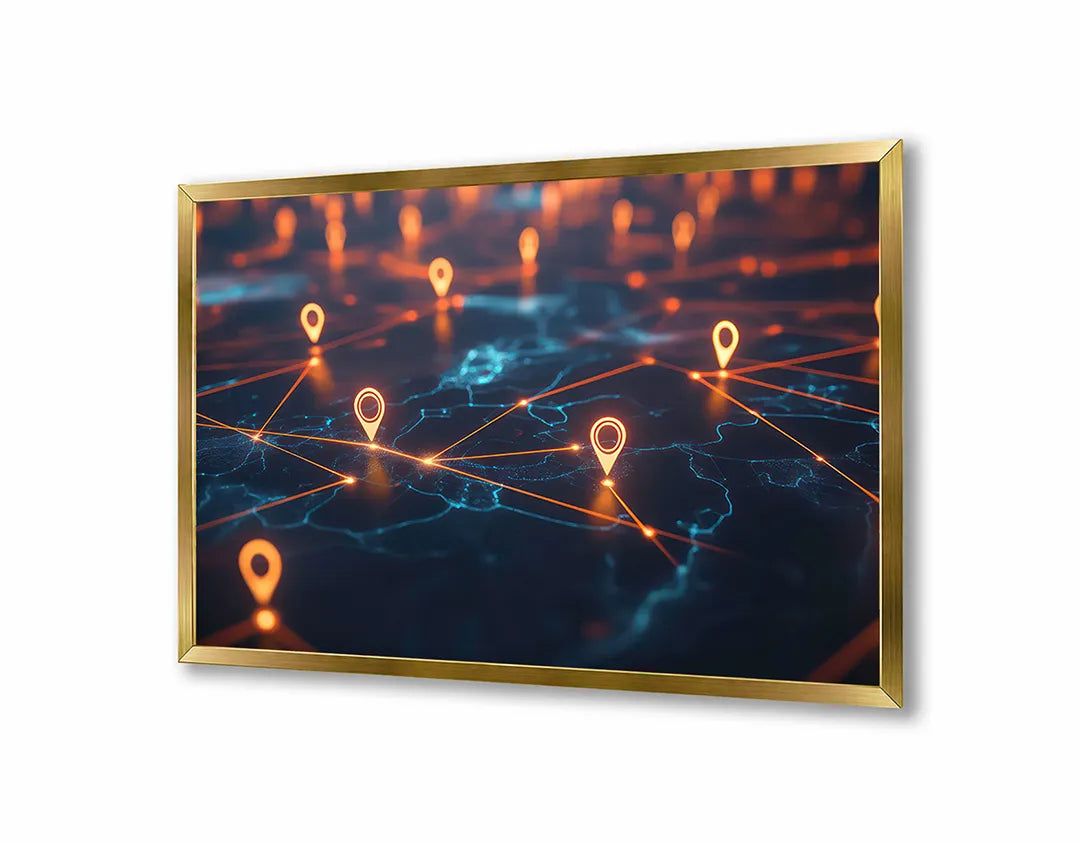 Metalen Magneetbord met hoogwaardige afbeelding van Digitale wereldkaart lichtjes voor aan de muur