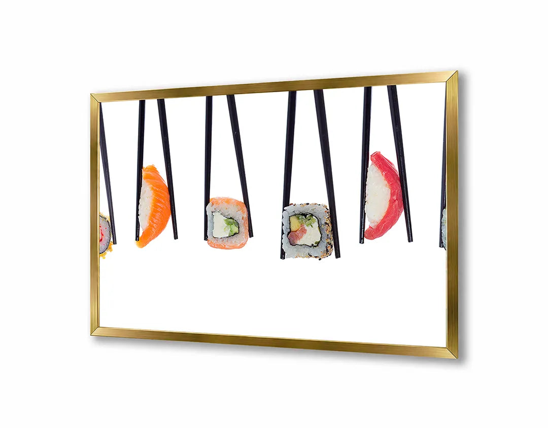 Metalen Magneetbord met afbeelding van hangende sushi stukjes in licht en fris kleuren