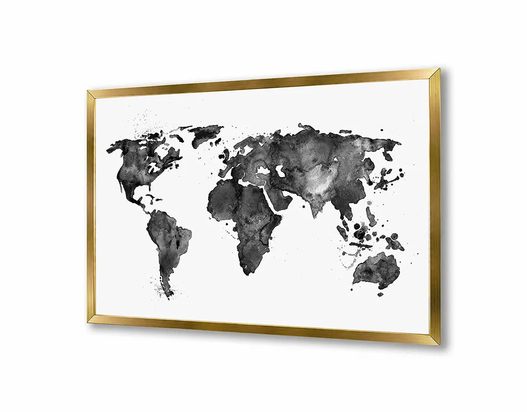 Metalen Magneetbord met afbeelding van wereldkaart in aquarel zwart-wit in zwart-wit kleuren